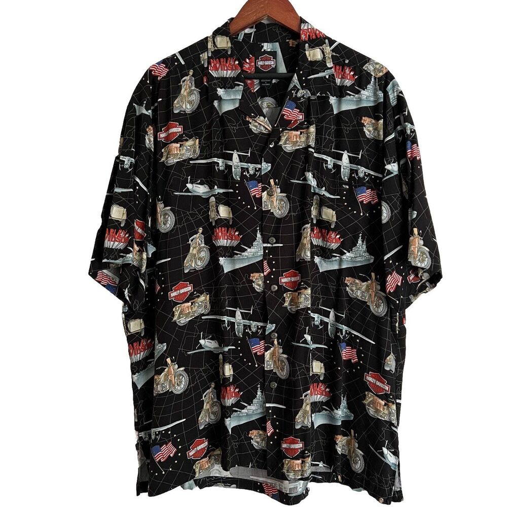 Harley Davidson Tori Richard WW2 USA Print Camp Shirt Men’s XL Motorcycle